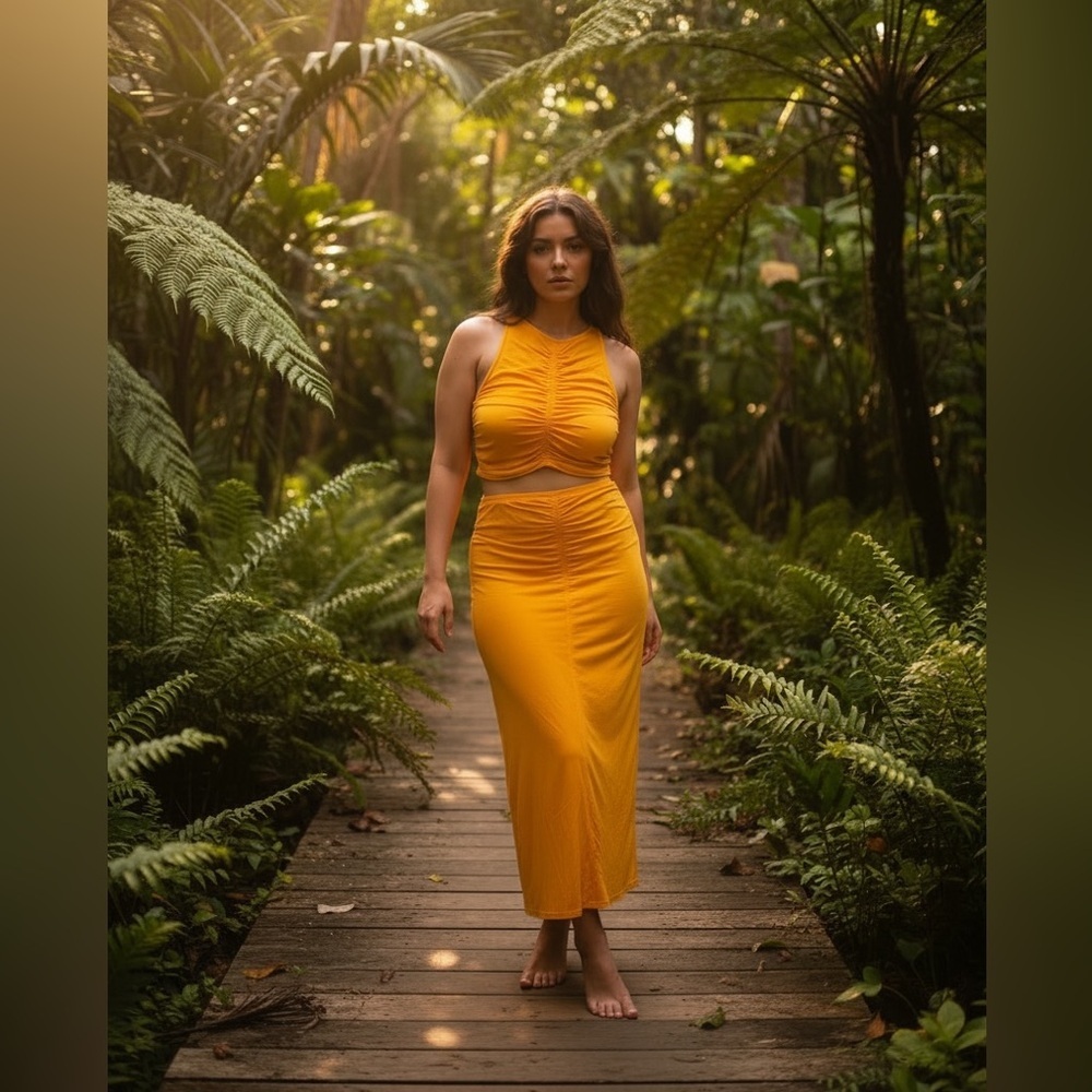 House of Harlow Mustard Yellow Ruched Two-Piece Dress Set